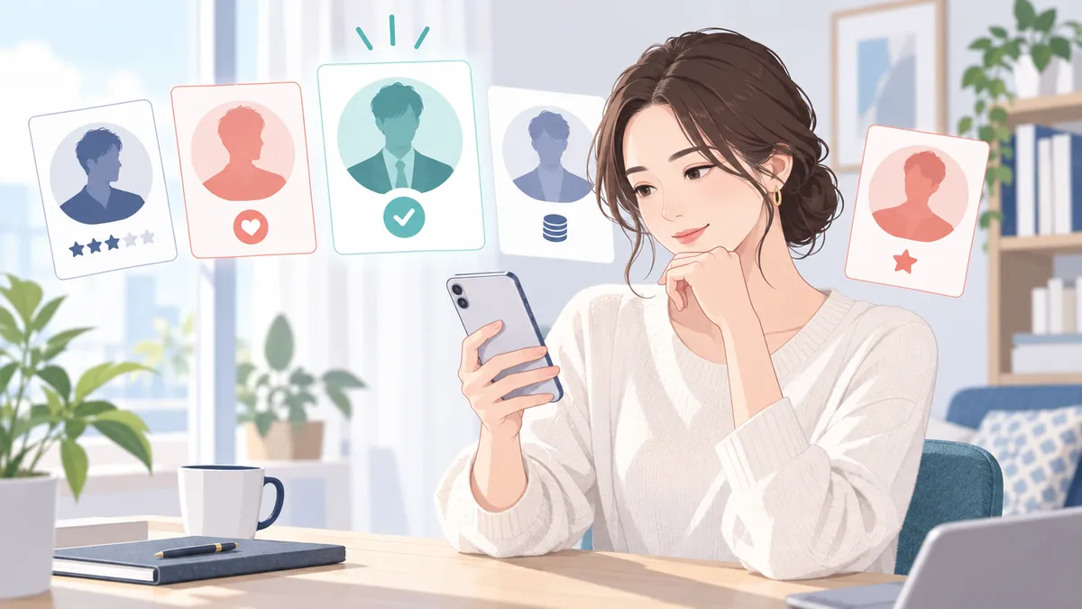 複数のパパ活アプリ候補を比較する女性