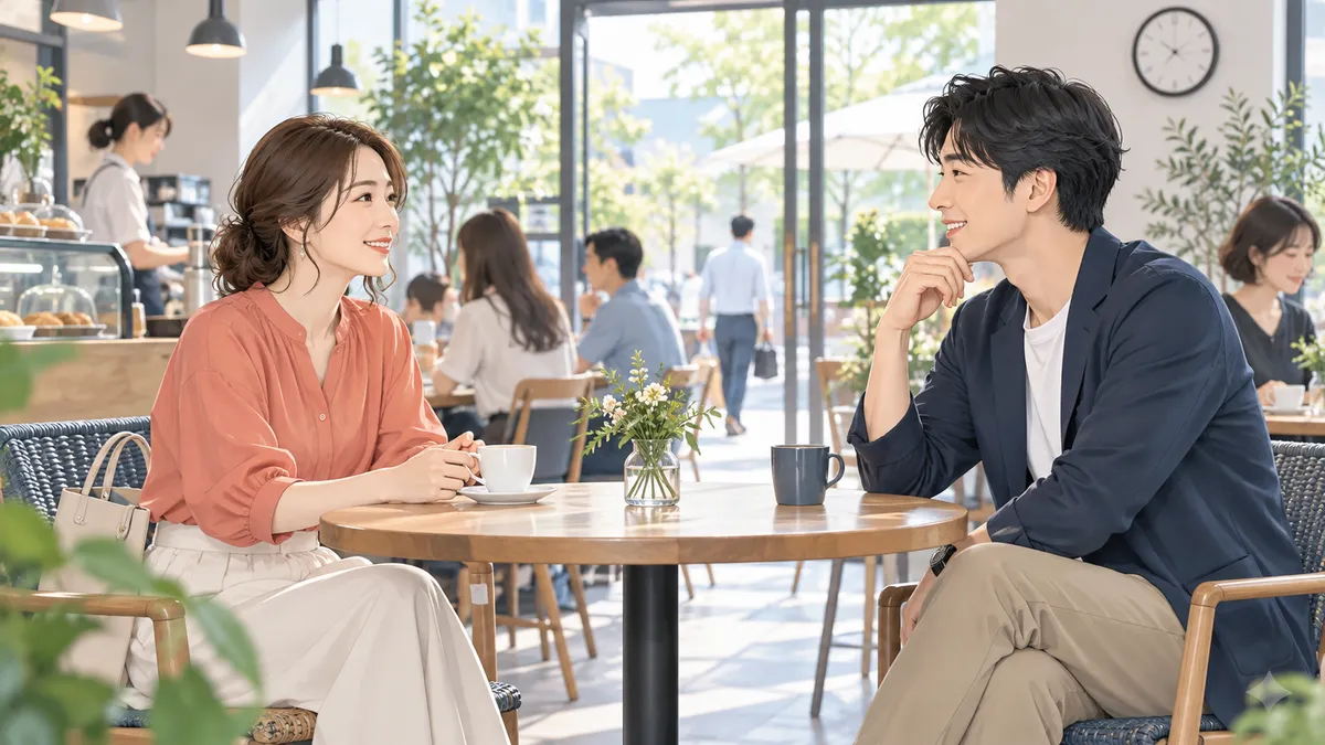 人目のあるカフェで初回面会する男女